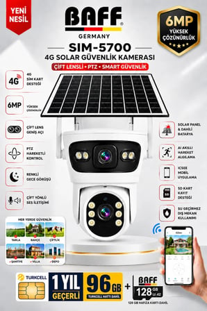 SIM-5700 6MP 4G SIM Kartlı Solar Güvenlik Kamerası Çift Lens PTZ Renkli Gece Görüşlü + 96GB SIM Kart ve 128GB Hafıza Kartı Dahil