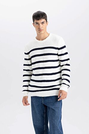 DeFacto Standart Fit Normal Kesim Bisiklet Yaka Çizgili Triko Kazak B0546AX24WNER100