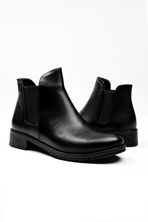  Günlük Kadın Siyah Bot Kalın Oval Burunlu Lastikli Alçak Topuklu Tırtıklı Taban Kısa  Bootie  425