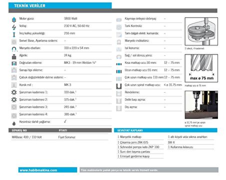 BDS (Alman Malı) MABasic 850  1700 W, 75 mm Manyetik Matkap