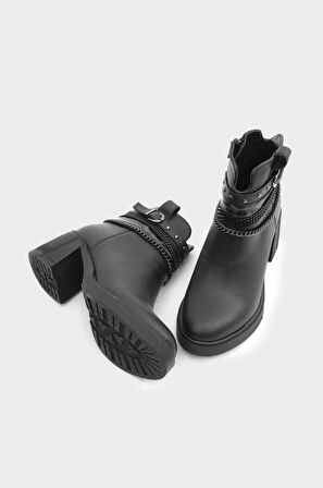 Hakiki Deri Fermuarlı Zincir Aksesuarlı Topuklu Kadın Bot