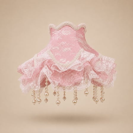 Pembe Kadife Kaplı Beyaz Dantelli El Yapımı Prenses Model Abajur Şapkası 27x25cm