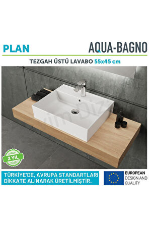 Aqua Bagno Plan Tezgah Üstü Kare Lavabo, 55x45 cm. Beyaz