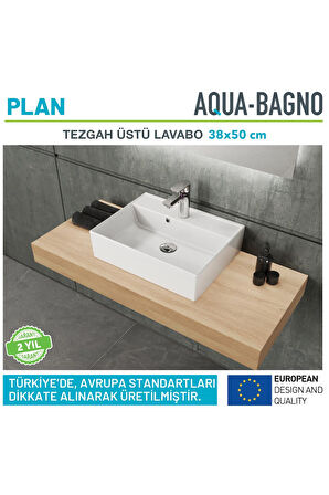 Aqua Bagno Plan Tezgah Üstü Kare Çanak Lavabo, 50x38 cm. Beyaz