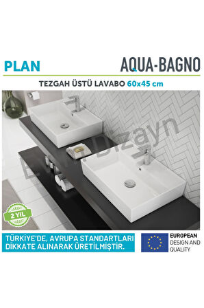 Aqua Bagno Plan Tezgah Üstü Kare Lavabo 60x45 cm Beyaz