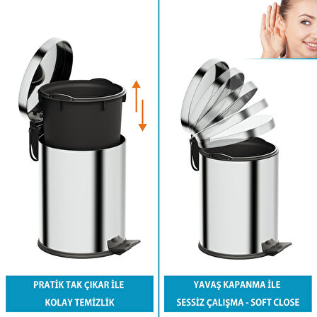 Aqua Bagno Basic Çöp Kovası - Pedallı 5 L, Parlak Krom Paslanmaz