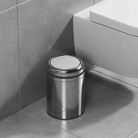 Aqua Bagno Basic Çöp Kovası - Sallanır Kapaklı 8 L, Parlak Krom Paslanmaz