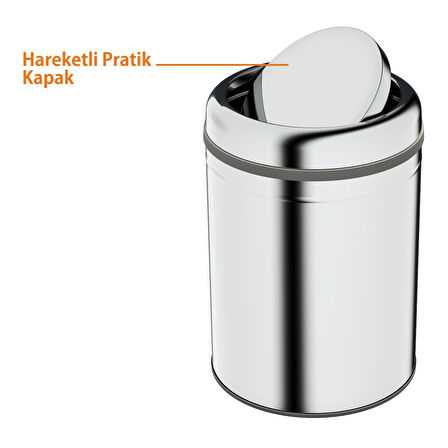 Aqua Bagno Basic Çöp Kovası - Sallanır Kapaklı 8 L, Parlak Krom Paslanmaz