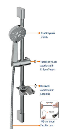 Aqua Bagno Smile 2.0 Sürgülü Duş Seti – 3 Fonksiyonlu, Krom, Sabunluk Dahil
