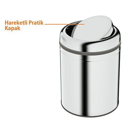 Aqua Bagno Basic Çöp Kovası - Sallanır Kapaklı 5 L, Parlak Krom Paslanmaz