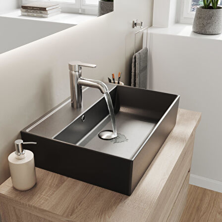 Aqua Bagno Plan Tezgah Üstü Kare Çanak  Lavabo , 50x38 cm.  Mat Siyah 