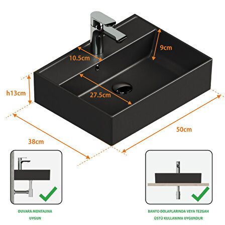 Aqua Bagno Plan Tezgah Üstü Kare Çanak  Lavabo , 50x38 cm.  Mat Siyah 