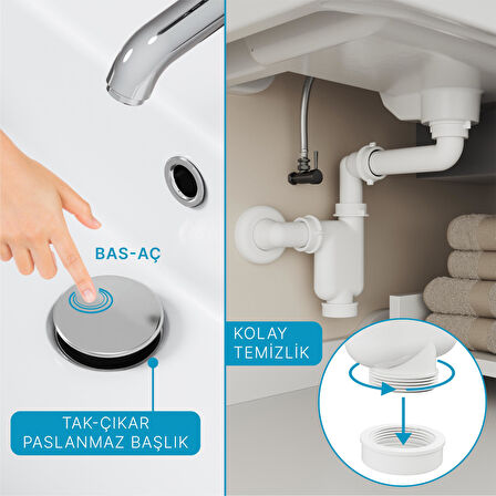 Aqua Bagno  Smart Pop-up  sifon , Taşma Delikli  Krom +Comfort Yer Kazandıran Lavabo  sifonu -2 Parça Set