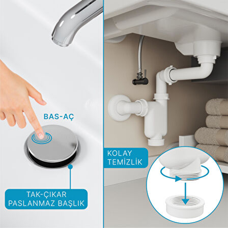  Aqua Bagno  Smart Pop-up  sifon , Taşma Deliksiz  Krom +Comfort Yer Kazandıran Lavabo Sifonu -2 Parça Set