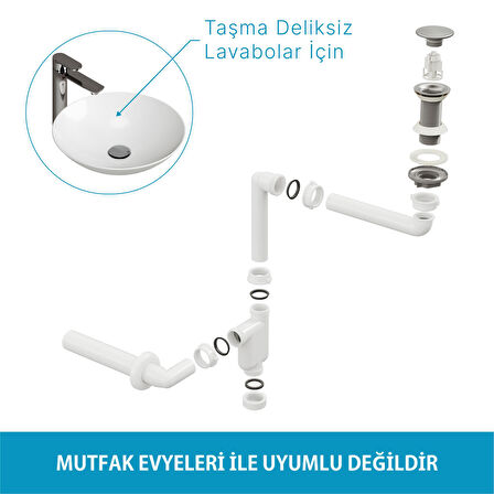  Aqua Bagno  Smart Pop-up  sifon , Taşma Deliksiz  Krom +Comfort Yer Kazandıran Lavabo Sifonu -2 Parça Set