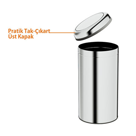 Aqua Bagno Basic Çöp Kovası - Sallanır Kapaklı 45 L, Parlak Krom Paslanmaz