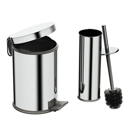 Aqua Bagno Basic Set - Klozet Fırçası + Çöp Kovası 3 L, 2 Parça, Parlak Krom Paslanmaz
