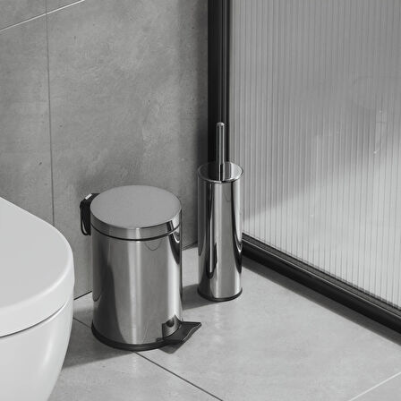 Aqua Bagno Basic Set - Klozet Fırçası + Çöp Kovası 3 L, 2 Parça, Parlak Krom Paslanmaz
