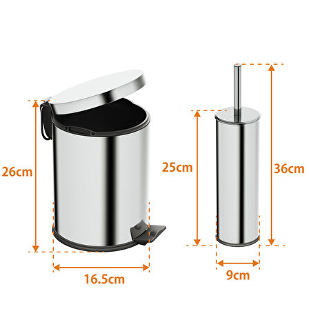 Aqua Bagno Basic Set - Klozet Fırçası + Çöp Kovası 3 L, 2 Parça, Parlak Krom Paslanmaz