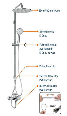 Adell Lido Rain Duş Sistemi + Lento Banyo Bataryası 2 Parça Set – Parlak Krom