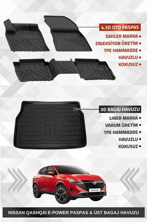 Sahler Qashqai E-Power 2022 + Uyumlu 4.5D Premium Havuzlu Oto Paspas Ve Liner Marka 3D Ust Bagaj Havuzu