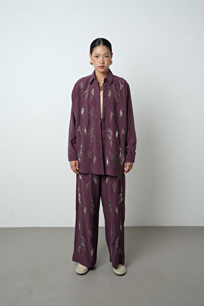 Kadın Önü Taş İşlemeli Düz Renk Oversize Gömlek