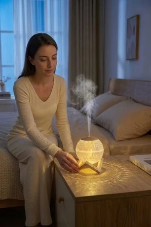 Ahşap Standlı Ultrasonik Aroma Difüzörü & Gece Lambası | LED Işıklı Hava Nemlendirici