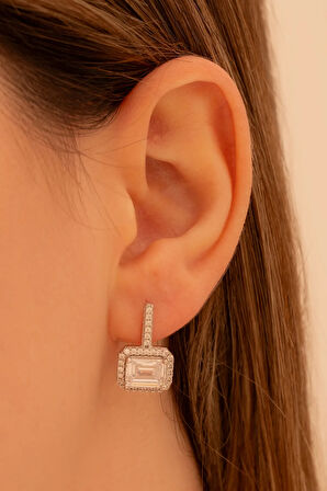 Kadın Gümüş Küpe - Baget Taşlı Kare Model Kadın Küpe