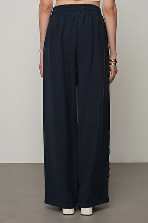 Kadın Şerit Gül Ve Taş Detaylı Düz Renk Beli Lastikli Bol Paça Pantolon