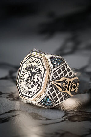 Erkek Çift Başlı Selçuklu Kartalı İşlemeli Turkuaz Zirkon Taşlı 925 Ayar Gümüş Yüzük