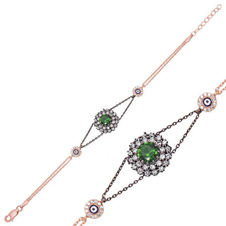 925 Ayar Gümüş Rose Yeşil Taşlı Otantik Bileklik BR0460467