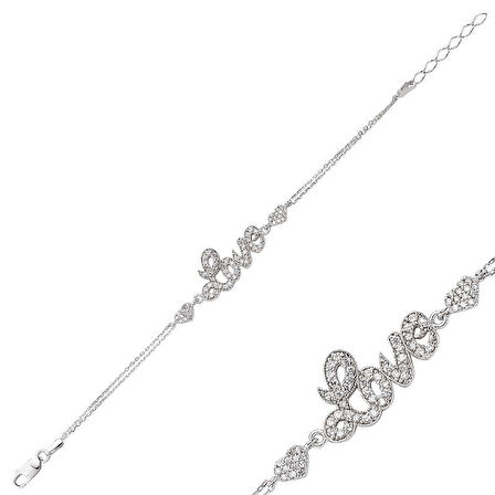 925 Ayar Gümüş Kalpli Love Yazılı Bileklik BR0460145