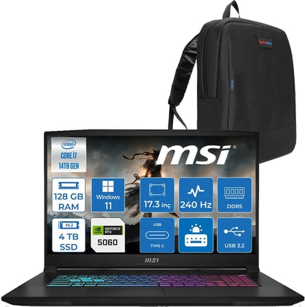 MSI Msı Katana 17 Hx B14WFK-215XTR 14. Nesil Intel I7-14650HX 128GB Ddr5 4tb SSD 8GB/RTX5060 115W 17.3" Qhd (2560*1440), 240Hz IPS Windows 11 Home Taşınabilir Bilgisayar. W215XTRH30128G + Zettaçanta