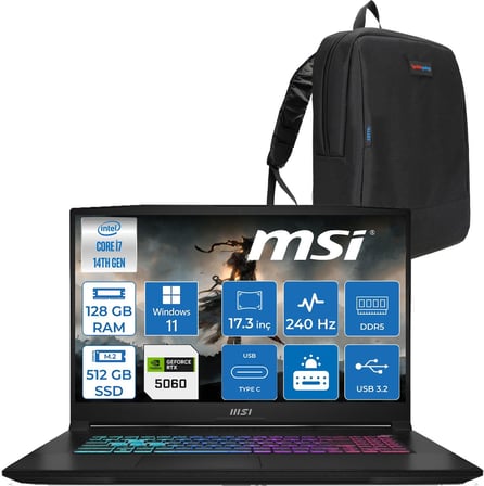 MSI Msı Katana 17 Hx B14WFK-215XTR 14. Nesil Intel I7-14650HX 128GB Ddr5 512GB SSD 8GB/RTX5060 115W 17.3" Qhd (2560*1440), 240Hz IPS Windows 11 Pro Taşınabilir Bilgisayar. W215XTRP27128G + Zettaçanta