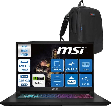 MSI Msı Katana 17 Hx B14WFK-217TR 14. Nesil Intel İ9-14900HX 128GB Ddr5 256GB SSD 8GB/RTX5060 115W 17.3" Qhd (2560*1440), 240Hz IPS Freedos Taşınabilir Bilgisayar. W217TRF26128G + Zettaçanta