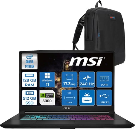 MSI Msı Katana 17 Hx B14WFK-217TR 14. Nesil Intel İ9-14900HX 128GB Ddr5 512GB SSD 8GB/RTX5060 115W 17.3" Qhd (2560*1440), 240Hz IPS Windows 11 Pro Taşınabilir Bilgisayar. W217TRP27128G + Zettaçanta