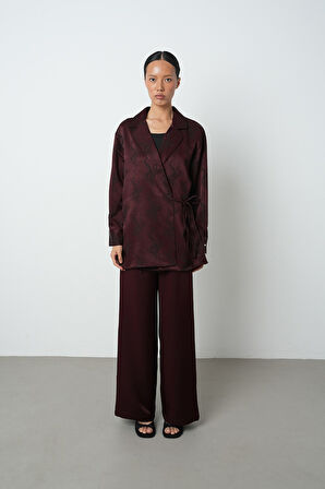 Kadın Bordo Renk Desenli Yandan Bağlamalı Ceket