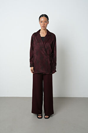 Kadın Bordo Renk Desenli Yandan Bağlamalı Ceket