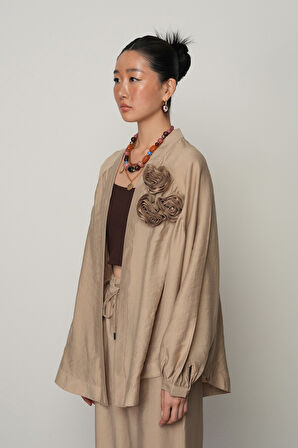 Kadın Gül Detaylı Düz Renk Oversize Kesim Kimono