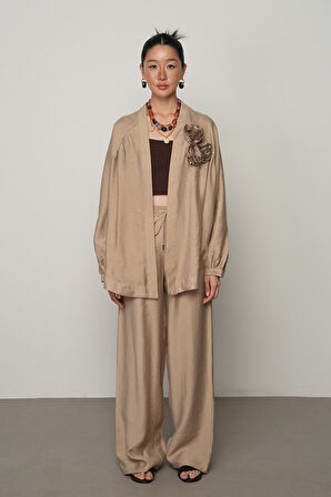 Kadın Gül Detaylı Düz Renk Oversize Kesim Kimono