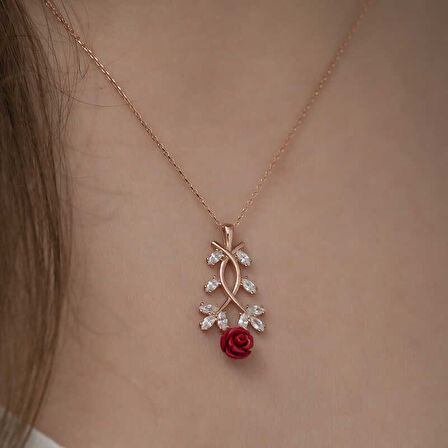 ​925 Ayar Gümüş Rose Kırmızı Gül Gümüş Kolye T5207