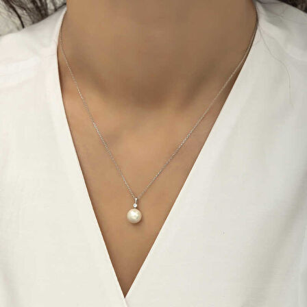 925 Ayar Gümüş Yuvarlak İnci Kadın Gümüş Kolye T5970