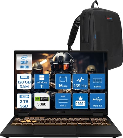 Asus Tuf Gaming F16 FX608JMR 14. Nesil Intel I7-14650HX 128GB Ddr5 2tb SSD 8GB/RTX5060 115W 165Hz 16"wuxga Fhd+ 300NITS IPS WIN11HOME Gaming Bilg. WRV077H29128G + Zettaçanta