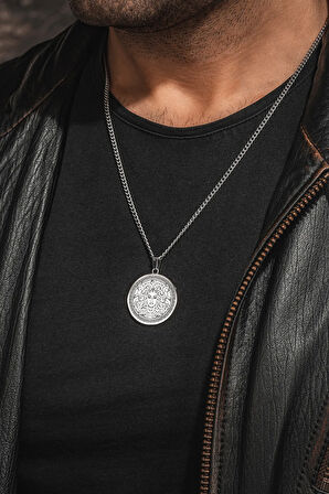 Steel Aether Çelik Erkek Kolye Yunan Tanrısı Medusa İşlemeli Yuvarlak Plaka Kararmaz