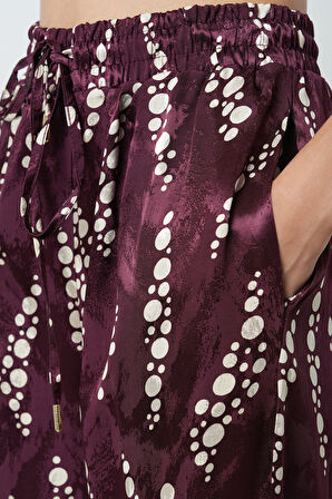 Kadın Bordo - Krem Renk Desenli Bol Paça Beli Lastikli Pantolon