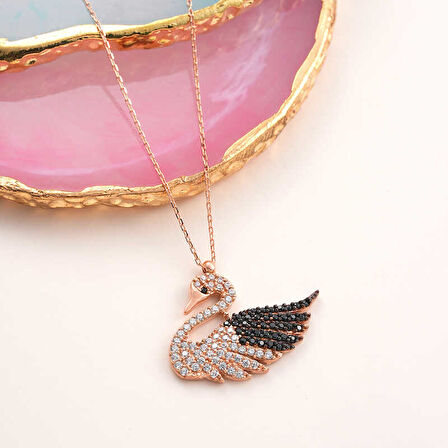 925 Ayar Gümüş Rose Kuğu Kadın Kolye T7954