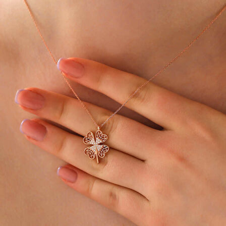 925 Ayar Gümüş Rose Dört Yapraklı Yonca Kadın Kolye T8017