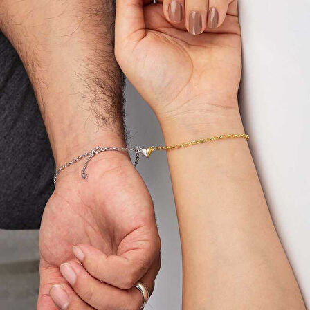 925 Ayar Gümüş Rodyum Gold Çift Kalpli Aşk Bileklik T8621