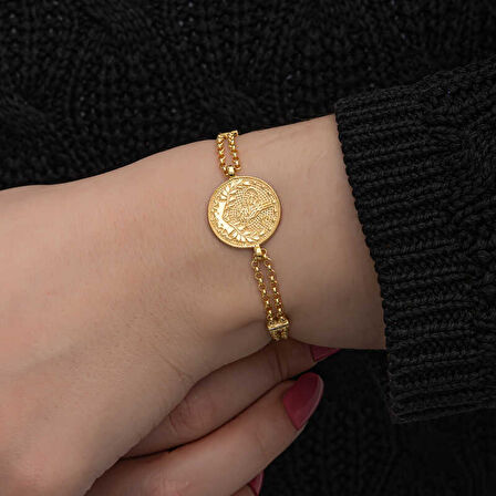 925 Ayar Gümüş Gold Kaplama Tuğralı Kadın Bileklik T8654