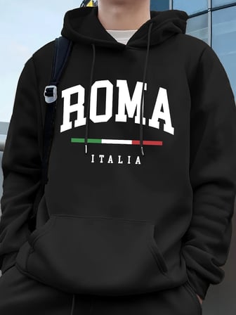 Roma Italia Mektup Baskı Erkek Tişörtü Kış Cep Kapüşonlular Moda Polar Sıcak Büyük Boy Kazakl